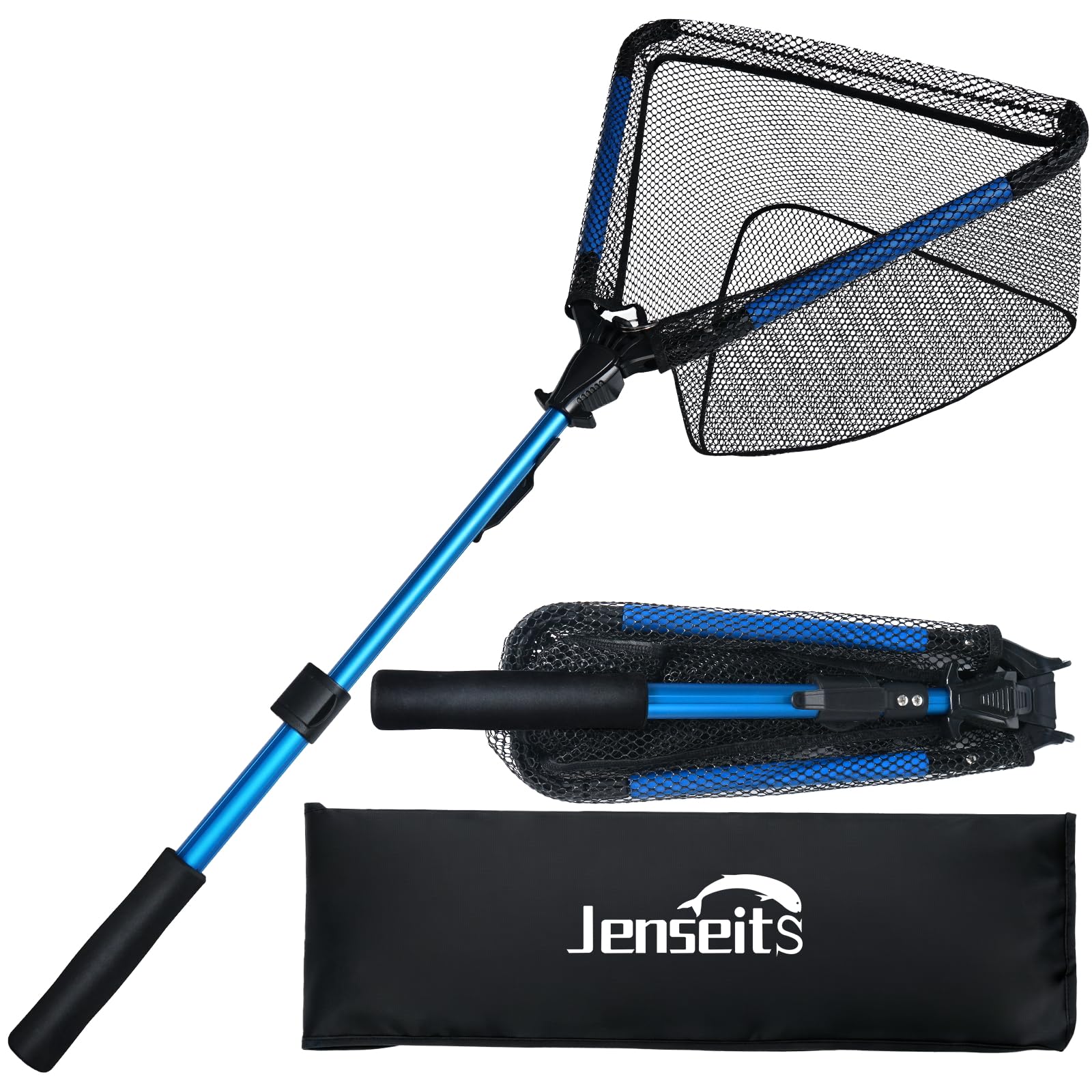 Jenseits Foldable Fishing Landing Net with Telescopic Aluminum Handle, Rubber Coated Fish Net, EVA Floating Frame, Lightweight Extendable Net for Kayak Boat Bass Trout Fishing, Great Gifts for Men