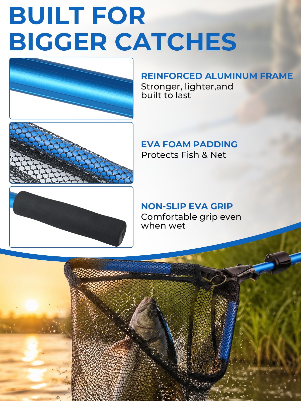 Jenseits Foldable Fishing Landing Net with Telescopic Aluminum Handle, Rubber Coated Fish Net, EVA Floating Frame, Lightweight Extendable Net for Kayak Boat Bass Trout Fishing, Great Gifts for Men