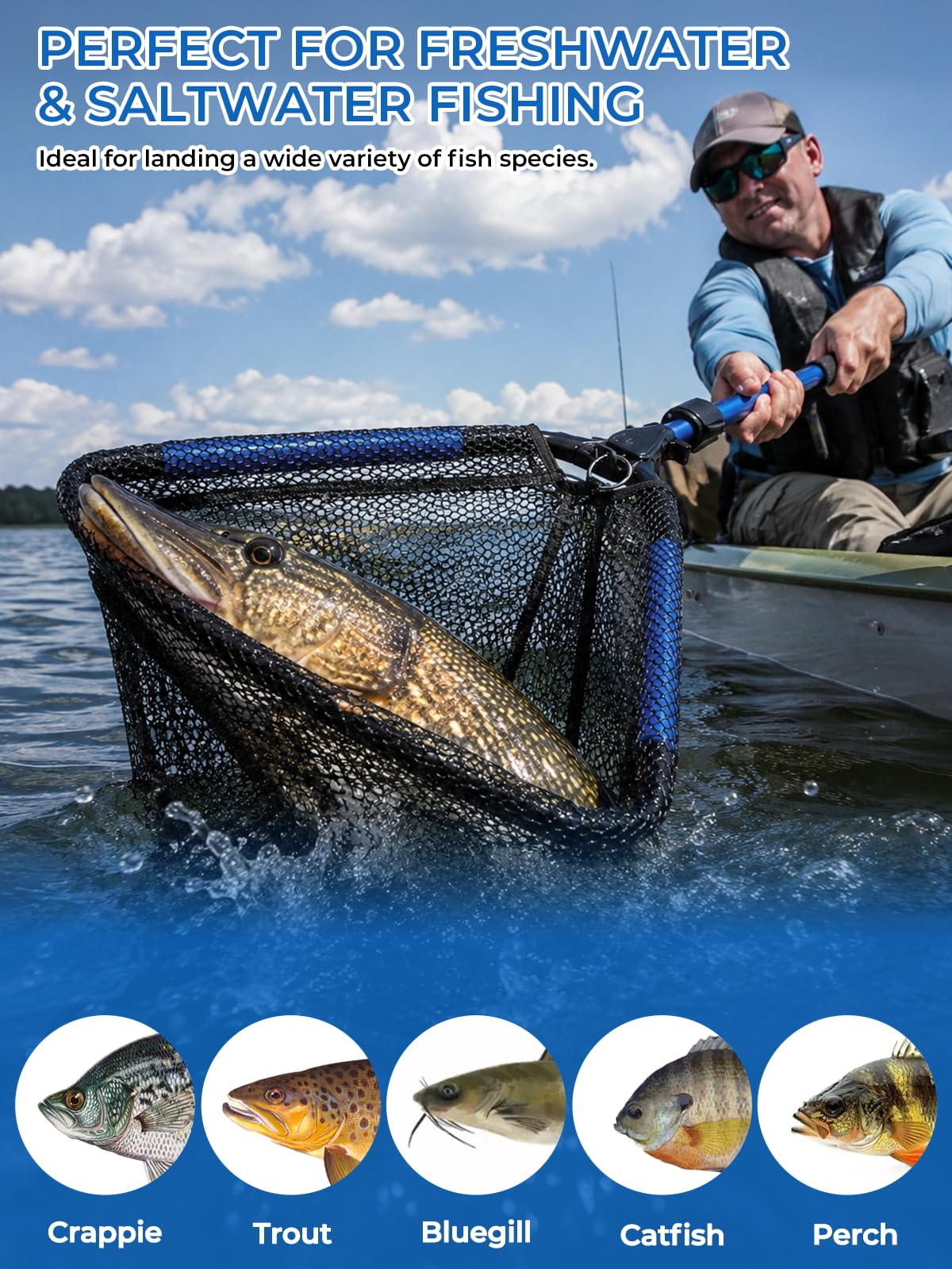 Jenseits Foldable Fishing Landing Net with Telescopic Aluminum Handle, Rubber Coated Fish Net, EVA Floating Frame, Lightweight Extendable Net for Kayak Boat Bass Trout Fishing, Great Gifts for Men
