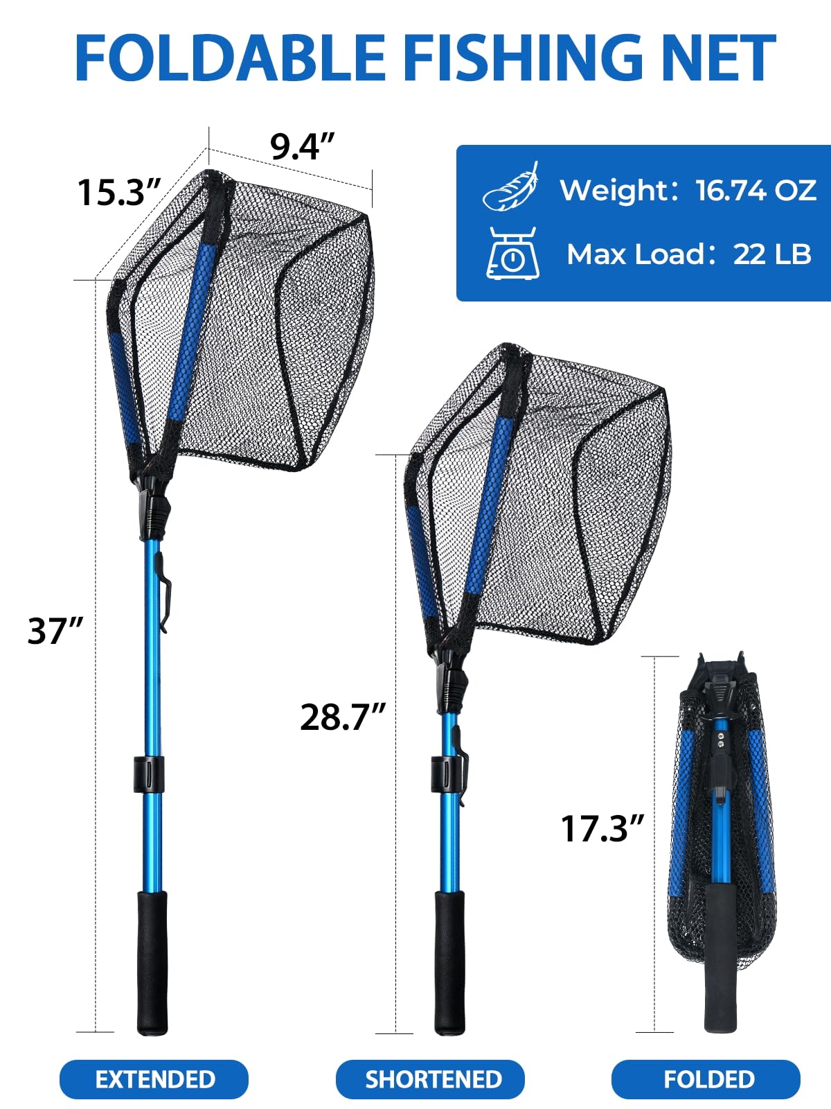 Jenseits Foldable Fishing Landing Net with Telescopic Aluminum Handle, Rubber Coated Fish Net, EVA Floating Frame, Lightweight Extendable Net for Kayak Boat Bass Trout Fishing, Great Gifts for Men