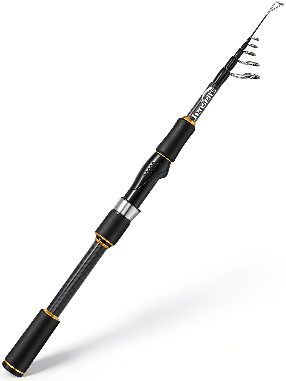 Jenseits Travel Fishing Rod, Telescopic Portable 24T Carbon Fiber Rod, Stainless Steel Guides w/Ceramic Inserts, Fast Action, Medium to Heavy, Freshwater Saltwater,Spinning & Casting